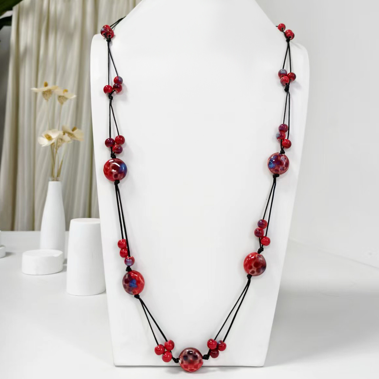 Ceramic Rose Pendant Necklace, Multicolor Ethnic Style